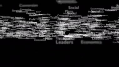 Pazarlama ile ilgili konu kelimeleri ile Siyah arka plan. Kalın sözcük bağlı kavram sözcüklerinden görünür. Yakından kapatın. Kopya alanı. 3d. Animatiom. 4k.