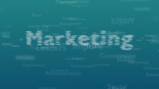 Light blue background with subject words, which deal with marketing. The bold word appears from connected concept words. Close up. Copy space. 3D. Animatiom. 4K. — Stock Video