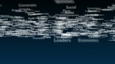 Pazarlama ile ilgili konu kelimeleri ile derin mavi arka plan. Kalın sözcük bağlı kavram sözcüklerinden görünür. Yakından kapatın. Kopya alanı. 3d. Animatiom. 4k.