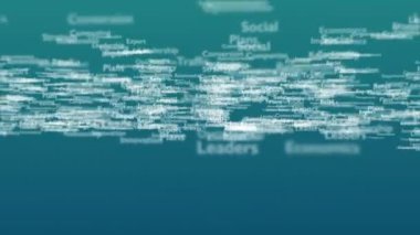 Pazarlama ile ilgili konu kelimeleri ile Açık mavi arka plan. Kalın sözcük bağlı kavram sözcüklerinden görünür. Yakından kapatın. Kopya alanı. 3d. Animatiom. 4k.