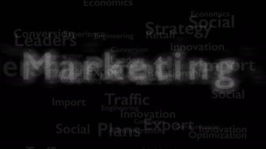 Pazarlama ile ilgili konu kelimeleri ile Siyah arka plan. Kalın sözcük bağlı kavram sözcüklerinden görünür. Yakından kapatın. Kopya alanı. 3d. Animatiom. 4k.