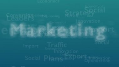 Pazarlama ile ilgili konu kelimeleri ile Açık mavi arka plan. Kalın sözcük bağlı kavram sözcüklerinden görünür. Yakından kapatın. Kopya alanı. 3d. Animatiom. 4k.