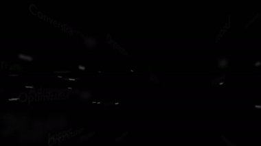 Pazarlama ile ilgili konu kelimeleri ile Siyah arka plan. Kalın sözcük bağlı bulanık sözcüklerden görüntülenir. Yakından kapatın. Kopya alanı. 3d. Animatiom. 4k.