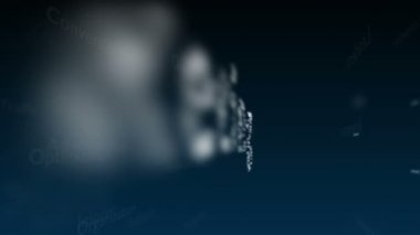 Pazarlama ile ilgili konu kelimeleri ile derin mavi arka plan. Kalın sözcük bağlı kavram sözcüklerinden görünür. Yakından kapatın. Kopya alanı. 3d. Animatiom. 4k.