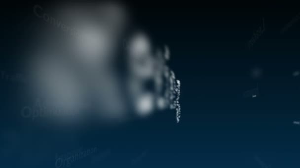 Fond bleu profond avec des mots-matières, qui traitent de marketing. Le mot gras apparaît à partir de mots conceptuels connectés. Ferme là. Espace de copie. 3D. Animatiom. 4K .