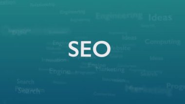 Arama Motoru Optimizasyonu ile anlaşma farklı kelimeler, ile açık mavi arka plan. Kalın parıldayan kelime kompozisyonun merkezinde yer almaktadır. Yakından kapatın. Kopya alanı. 3d. Animatiom. 4k.