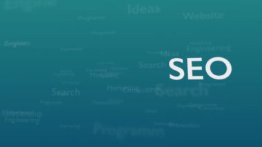 Arama Motoru Optimizasyonu ile anlaşma farklı kelimeler, ile açık mavi arka plan. Kalın parıldayan sözcük kompozisyonun sağ tarafında yer almaktadır. Yakından kapatın. Kopya alanı. 3d. Animatiom. 4k.