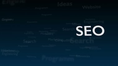 Arama Motoru Optimizasyonu ile anlaşma farklı kelimeler, ile derin mavi arka plan. Kalın parıldayan sözcük kompozisyonun sağ tarafında yer almaktadır. Yakından kapatın. Kopya alanı. 3d. Animatiom. 4k.