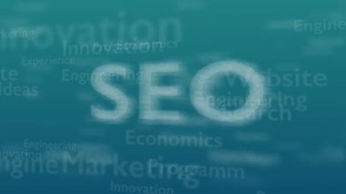 Arama Motoru Optimizasyonu ile anlaşma farklı kelimeler, ile açık mavi arka plan. Yakından kapatın. Kopya alanı. 3d. Animatiom. 4k.