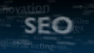 Arama Motoru Optimizasyonu ile anlaşma farklı kelimeler, ile derin mavi arka plan. Yakından kapatın. Kopya alanı. 3d. Animatiom. 4k.