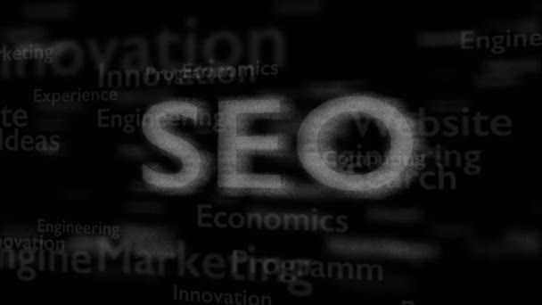 Fundo preto com palavras diferentes, que lidam com Search Engine Optimization. Fecha. Espaço para cópia. 3D. Animatiom. 4K . — Vídeo de Stock