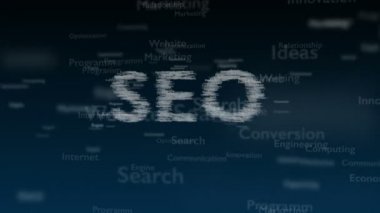 Arama Motoru Optimizasyonu ile anlaşma farklı kelimeler, ile derin mavi arka plan. Yakından kapatın. Kopya alanı. 3d. Animatiom. 4k.