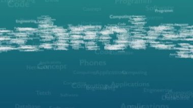 Teknoloji ile ilgili farklı kelimeler, açık mavi arka plan. Yakından kapatın. Kopya alanı. 3d. Animatiom. 4k.