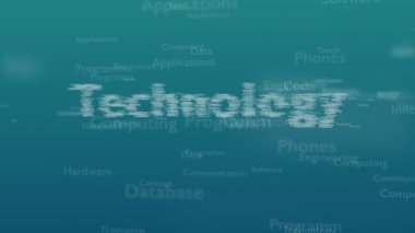 Teknoloji ile ilgili farklı kelimeler, açık mavi arka plan. Yakından kapatın. Kopya alanı. 3d. Animatiom. 4k.