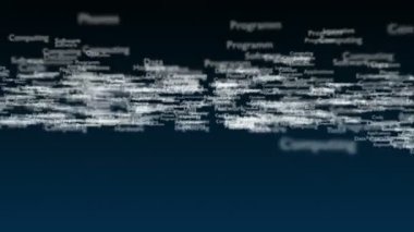 Teknoloji ile ilgili farklı kelimeler, ile derin mavi arka plan. Yakından kapatın. Kopya alanı. 3d. Animatiom. 4k.