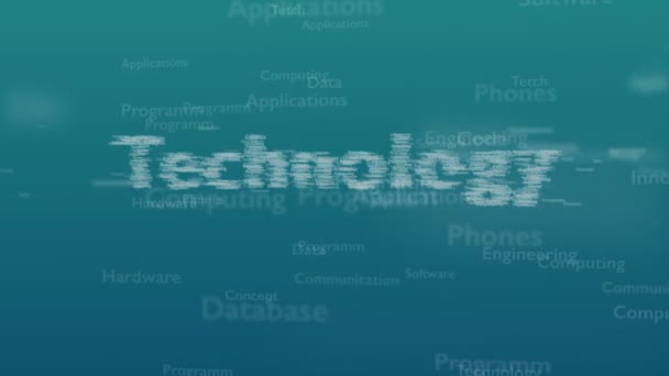 Ljusblå bakgrund med olika ord, som handlar om teknik. Närbild. Kopiera utrymme. 3D. Animatiom. 4K. — Stockvideo