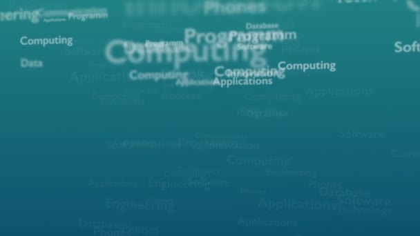 Ljusblå bakgrund med olika ord, som handlar om teknik. Närbild. Kopiera utrymme. 3D. Animatiom. 4K. — Stockvideo