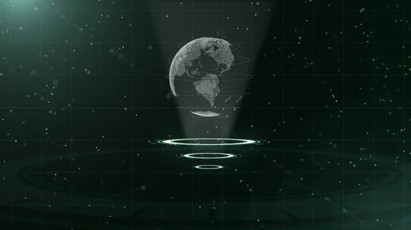 Digital data Globe-abstrakt illustration av en vetenskaplig teknik. Data nätverk. Omgivande planeten jorden på tre loopande cirklar. 3D. Close up. Kopiera utrymme. — Stockfoto