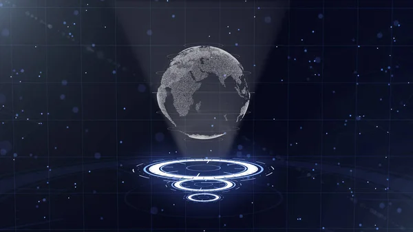Digital data globe - abstract illustration of a scientific technology (en inglés). Red de datos. Alrededor del planeta tierra en tres círculos de bucle. 3D. De cerca. espacio de copia . — Foto de Stock