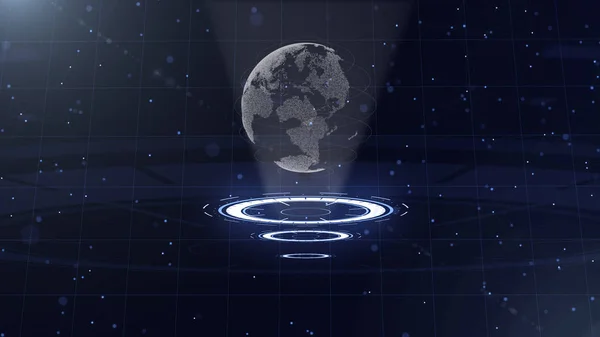Digital data globe - abstract illustration of a scientific technology (en inglés). Red de datos. Alrededor del planeta tierra en tres círculos de bucle. 3D. De cerca. espacio de copia . —  Fotos de Stock
