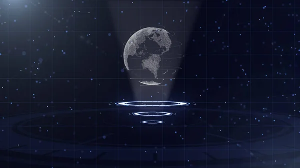 Digitale data Globe-abstracte illustratie van een wetenschappelijke technologie. Gegevens netwerk. Omringende planeet aarde op drie luscirkels. 3D. close-up. ruimte kopiëren. — Stockfoto