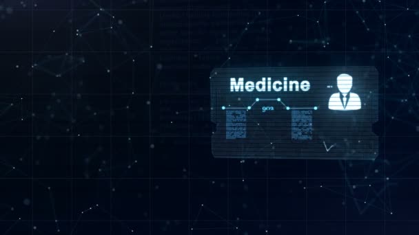 Abstract medical card with head shot and sign of heart rate, pressure and some other diagrams. Appearance from the woodwork. Abstract blue background, full of light asterium. 4K. — Stock Video