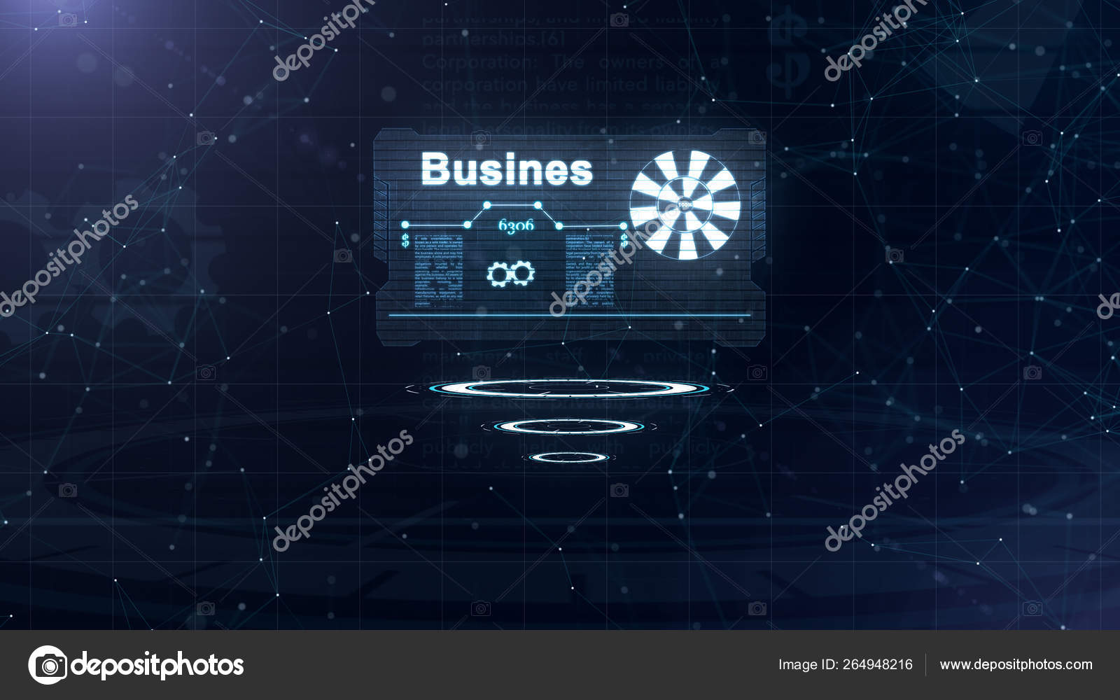 Abstract Hologram Business Card With A Sign Of Darts White Gear Wheel And Some Other Diagrams Abstract Blue Background Full Of Light Asterium Abstracts Three Are Circles Under The Business Card Stock