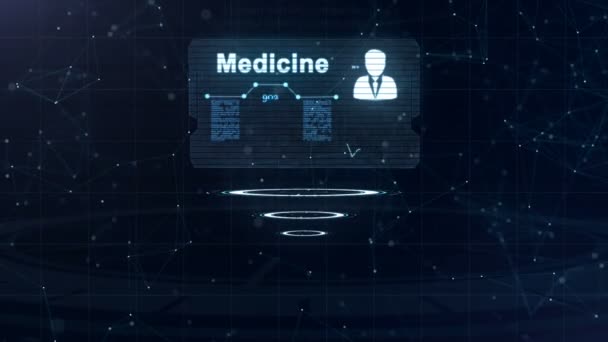 Abstract medical card with head shot and sign of heart rate, pressure and some other diagrams. Card is over three glowing circles, which appear firstly. 4K. — Stock Video