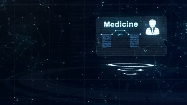 Abstract medical card with head shot and sign of heart rate, pressure and some other diagrams. Card is over three glowing circles, which appear almost at the same time, as card does. Zooming. 4K. — Stock Video