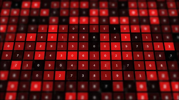 Roter binärer Bildschirm mit Zahlenraster. — Stockfoto