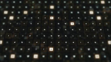 Chernivtsi, Ukrayna - 19 Haziran 2019: Sosyal medya soyut parıldayan arka plan video ile dijital reklam.