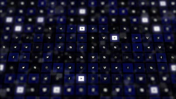 Chernivtsi, Ukraine - June 19, 2019: Dark-blue bokeh layers and gridded composition of social channels logos. — Stock Footage Chernivtsi, Ukraine - June 19, 2019: Dark-blue bokeh layers and gridded composition of social channels logos. Stock Video