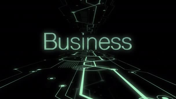 Word business appearing on the dark background with illuminating lines of digital tunnel. — Stock Video