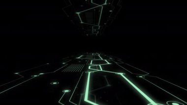 Sunucular ve yüksek teknoloji görselleştirme bağlantılarıyla dolu çalışan veri merkezinde koridor.