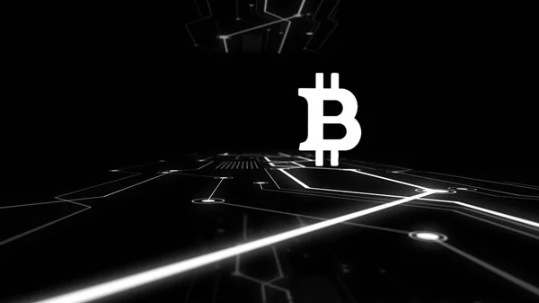 Een cryptogeld bitcoin hologram zweven in een computer circuit tunnel. — Stockfoto