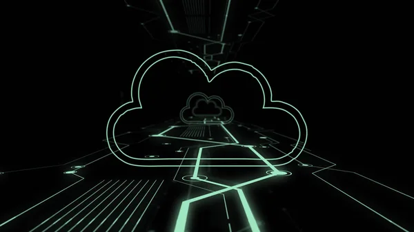 Vy över moln lagrings ikonen som flyger på den digitala bakgrunden. — Stockfoto