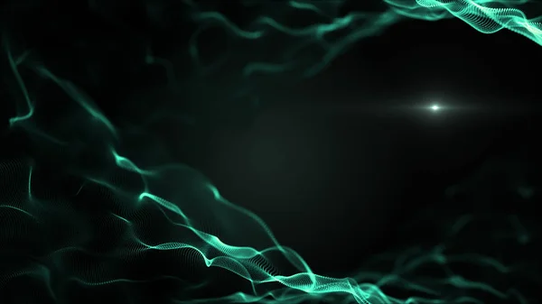 Abstract interwoven form background. Green waves on black backdrop. Close up DNA structure. Light blurred white blick is inside the waves. — Stock Photo, Image