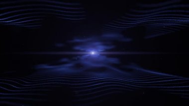 Abstract energy background. Techno blue imitation of waves on black backdrop. Light blurred blue blick is on the centre, and between the waves. 4K.
