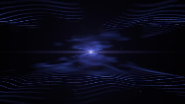 Abstract energy background. Techno blue imitation of waves on black backdrop. Light blurred blue blick is on the centre, and between the waves. 4K. — Stok video