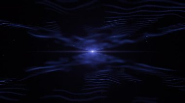 Abstract energy background. Techno blue imitation of waves on black backdrop. Light blurred blue blick is on the centre, and between the waves. 4K.