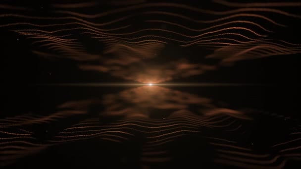 Абстрактный фон. Оранжевый цвет имитации звуковых волн на черном фоне. Свет размытый золотой блик находится в центре и между волнами. 4K . — стоковое видео