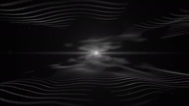 Abstract background. White coloured imitation of sound waves on black backdrop. Light blurred crystal white blick is on the centre, and between the waves. 4K.
