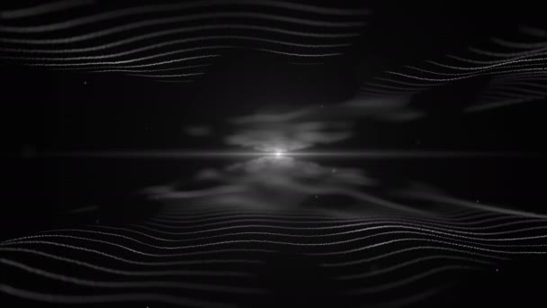 Abstract background. White coloured imitation of sound waves on black backdrop. Light blurred crystal white blick is on the centre, and between the waves. 4K. — Wideo stockowe
