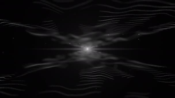 Абстрактный энергетический фон. Белая имитация волн на черном фоне. Свет размытый кристально белый блик находится в центре и между волнами. 4K . — стоковое видео