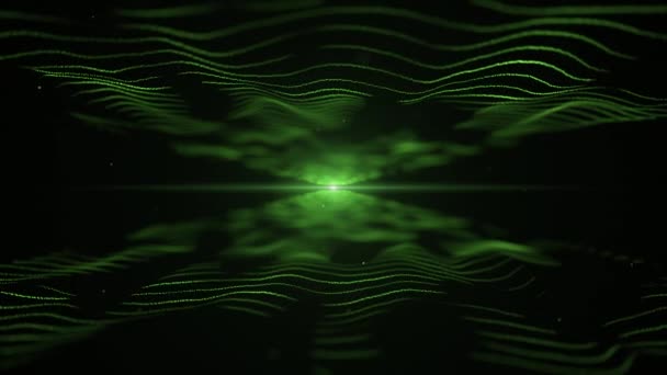 Fondo abstracto. Imitación de ondas sonoras de color verde sobre fondo negro. La luz borrosa está en el centro, y entre las olas. 4K . — Vídeos de Stock