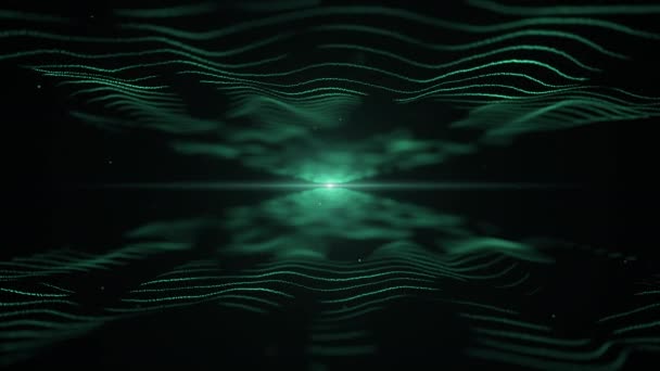 Абстрактний фон. Лазурна синя імітація звукових хвиль на чорному тлі. Світло розмита пляма знаходиться по центру, і між хвилями. 4-кілометровий . — стокове відео