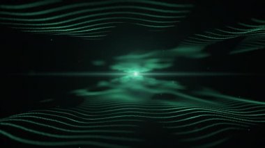 Soyut enerji arka planı. Siyah zeminde dalgaların azure mavi taklidi. Hafif bulanık blick merkezinde ve dalgalar arasında. 4k.