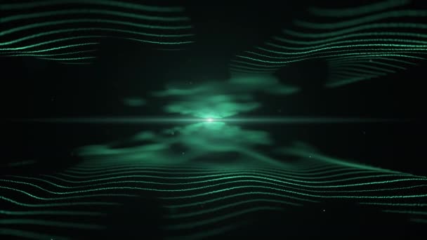 Abstrakt energi bakgrund. Azurblå imitation av vågor på svart bakgrund. Ljus suddig blick är på mitten, och mellan vågorna. 4K. — Stockvideo