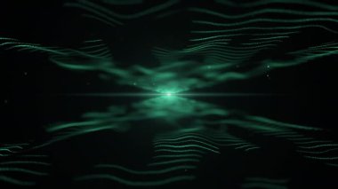 Soyut enerji arka planı. Siyah zeminde dalgaların azure mavi taklidi. Hafif bulanık blick merkezinde ve dalgalar arasında. 4k.