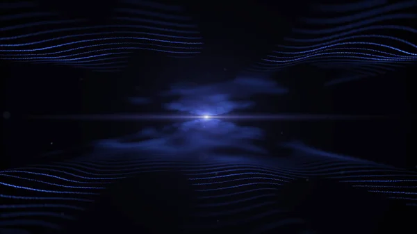 Αφηρημένο ενεργειακό υπόβαθρο. Techno μπλε απομίμηση των κυμάτων σε μαύρο φόντο. Το ελαφρύ θολό μπλε Blick βρίσκεται στο κέντρο και μεταξύ των κυμάτων. — Φωτογραφία Αρχείου